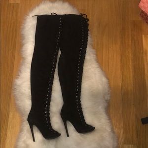 BEBE Thigh high lace up heeled boots